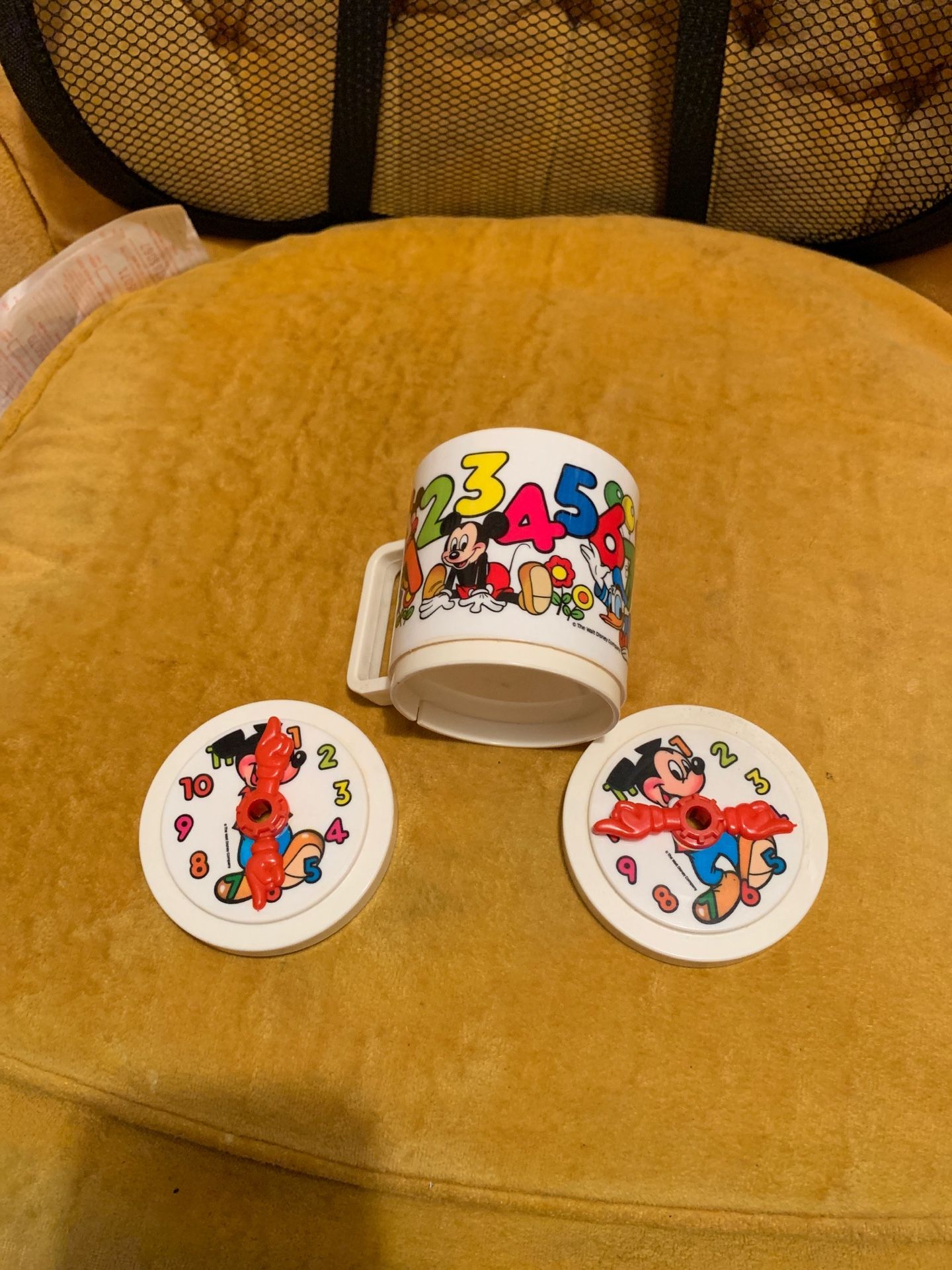 Vintage Walt Disney Mickey Mouse covered baby cup with clock + numbers + additional lid