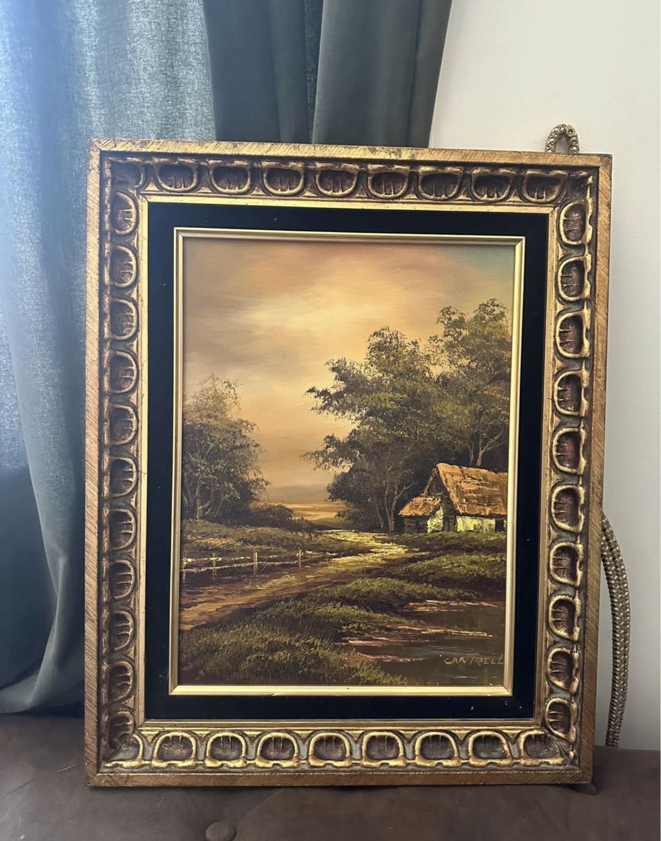 Framed and signed Cantrell oil painting cottage landscape