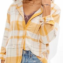 American Eagle Button Up Flannel With Hoodie Small Oversized