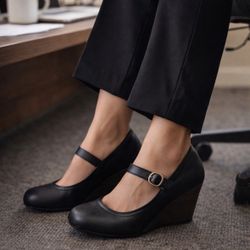 Steve Madden Mary Jane Wedge Heels Size 7 Classic Black Leather Y2K Comfort Pump