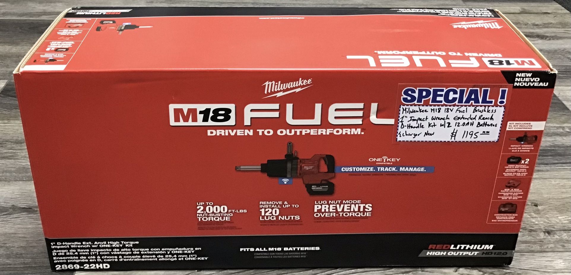 Milwaukee M18 18V Fuel Brushless 1” Impact Wrench Extended Reach D-Handle Kit W/ 2 12.0 Batteries & Charger New