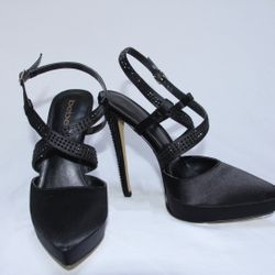 Bebe Black Satin Stilettos With Rhinestone Heel, Size 8