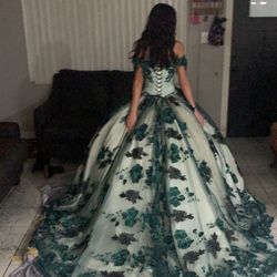 Emerald Green Laced White Dress With Little Black Details