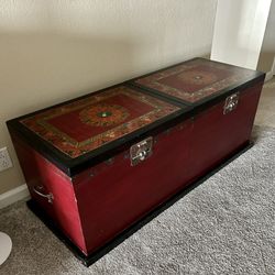 Antique Chinese Red Wooden Trunk Double Size