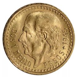 **100% Genuine**UNCIRCULATED ** HIGH GRADE**1945 Mexico Gold 2 1/2 Pesos. Weight:  .0603 oz.