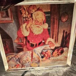 $25.00 - Vtg Christmas Block Glass Lighted Tabletop Decor!  (2) Enchanting Christmas/Winter Scenes + Gorgeous Burgandy/Gold Ribbon!  Electrical!