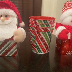 SANTA, SNOWMAN GIFT BOXES & 4 GIFT BUCKETS WITH HANDLES - ALL FOR $14