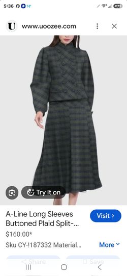 Uoozee A-Line Long Sleeves Buttoned Plaid Split-Joint Stand Collar Sets, Size L