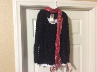 NWT Knit Works Black Soft Shag Sweater w/ Red Glitter Scarf youth GIRLS size Med