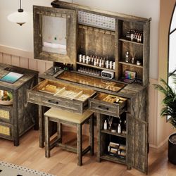 Makeup Vanity Desk with LED Mirror Lights, Vanity Table with Charging Station