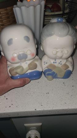 Vintage Japanese Porcelain Grandma and Grandpa Coin Banks Pair