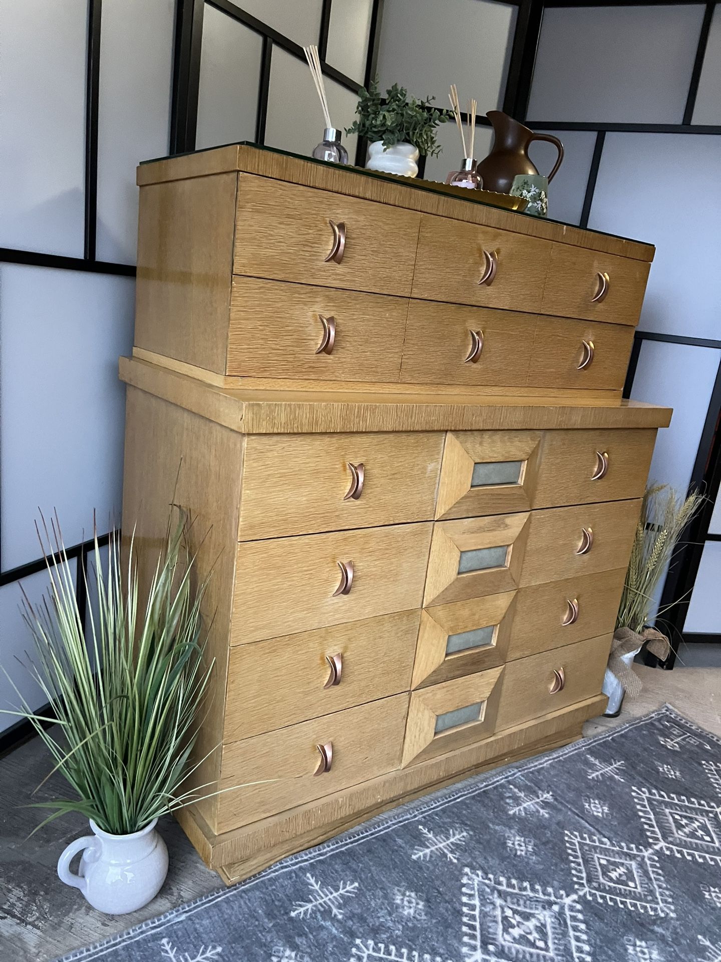 Authentic Early-1950s Complete Blond Oak Dresser with one nightstand