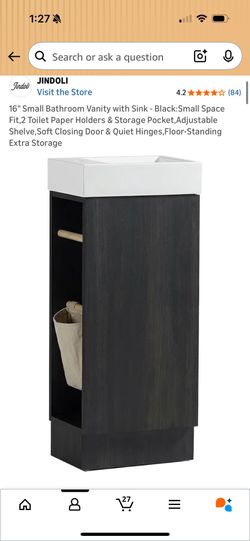 16" Small Bathroom Vanity with Sink - Black:Small Space Fit,2 Toilet Paper Holders & Storage Pocket,Adjustable Shelve,Soft Closing Door & Quiet Hinges