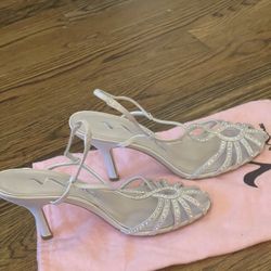 VTG Nina Rhinestone Cage Dress Sandals 4" Heel Cream Off White Satin Strappy 8M