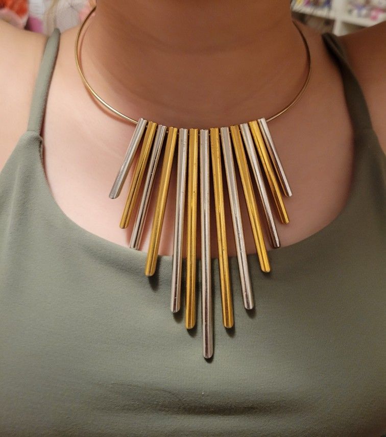 Vintage Statement Silvertone And Goldtone Asymmetric Cylinder Choker Necklace