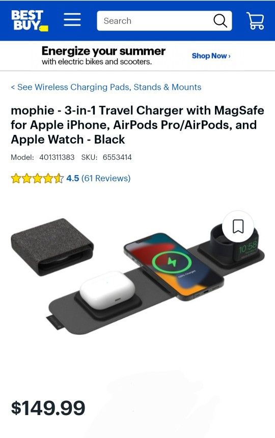 mophie - 3-in-1 Travel Charger with MagSafe for Apple iPhone, AirPods Pro/AirPods, and Apple Watch - Black