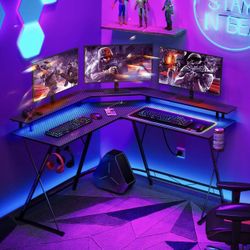  L Shaped Gaming Desk with LED Lights & Power Outlets, 50.4” Computer Desk with Monitor Stand & Carbon Fiber Surface, Corner Desk with