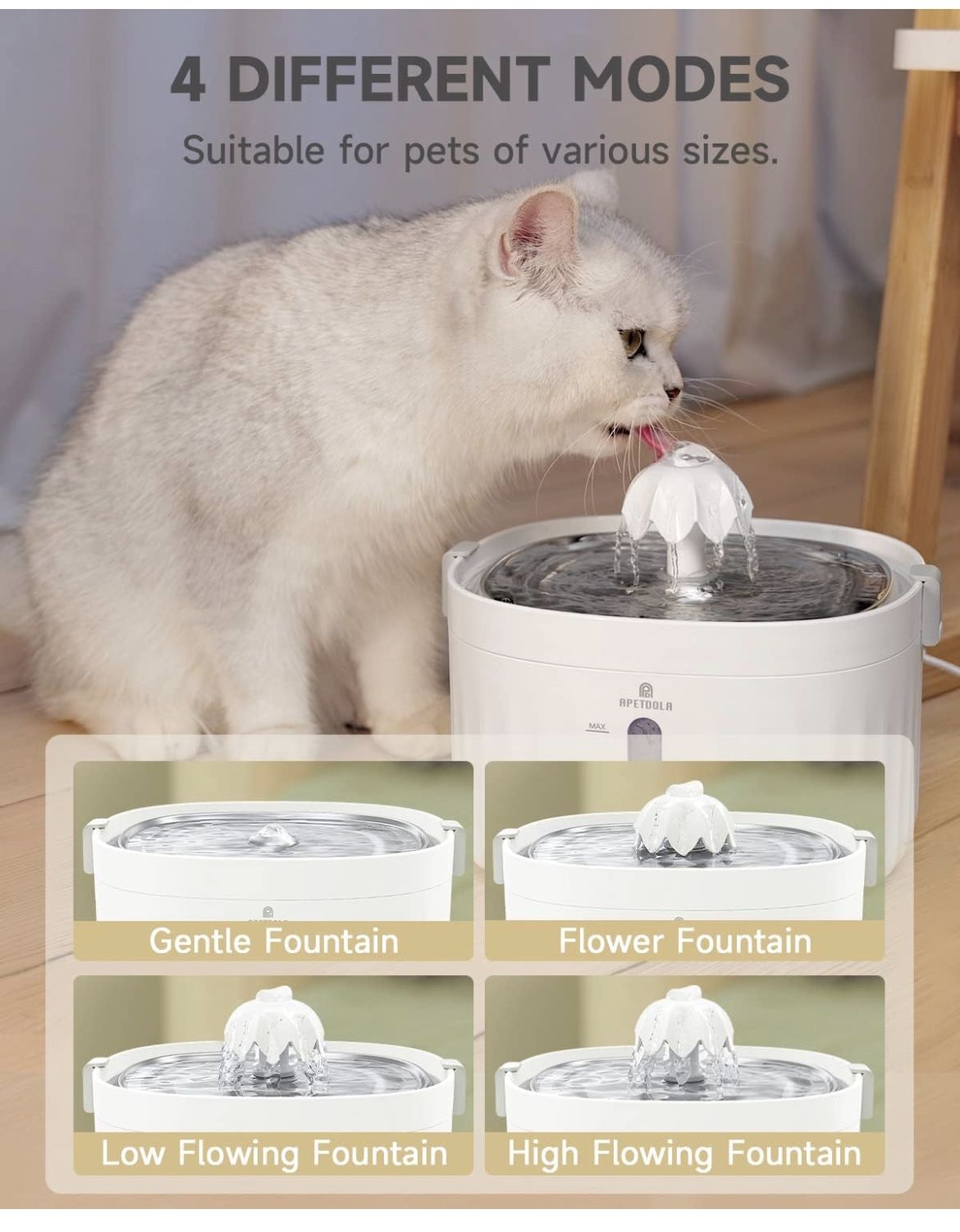 Cat Water Fountain, APETDOLA Cat Fountain Automatic with Stainless Steel Tray, 2L/67oz Ultra-Quiet Pet Water Fountain for Cats Inside, Cat Fountain Wa