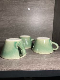 Vintage MCM Winfield Pottery Green Ceramic Cups Set of 3 (#272)