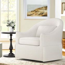 30 in. Cream Tweed Fabric Upholstered Solid Wood Frame Swivel Accent Chair Skirted Silhouette Paired Cushions