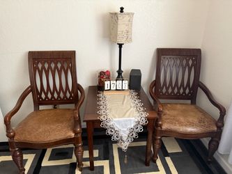 Pair of Wood Armchairs with Leather Seats