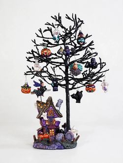 Vintage Halloween Tree with Glass Ornaments - Lighted Haunted House Base