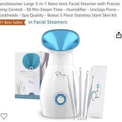 NanoSteamer Large 3-in-1 Nano Ionic Facial Steamer with Precise Temp Control - 30 Min Steam Time - Humidifier - Unclogs Pores - Blackheads - Spa Quali