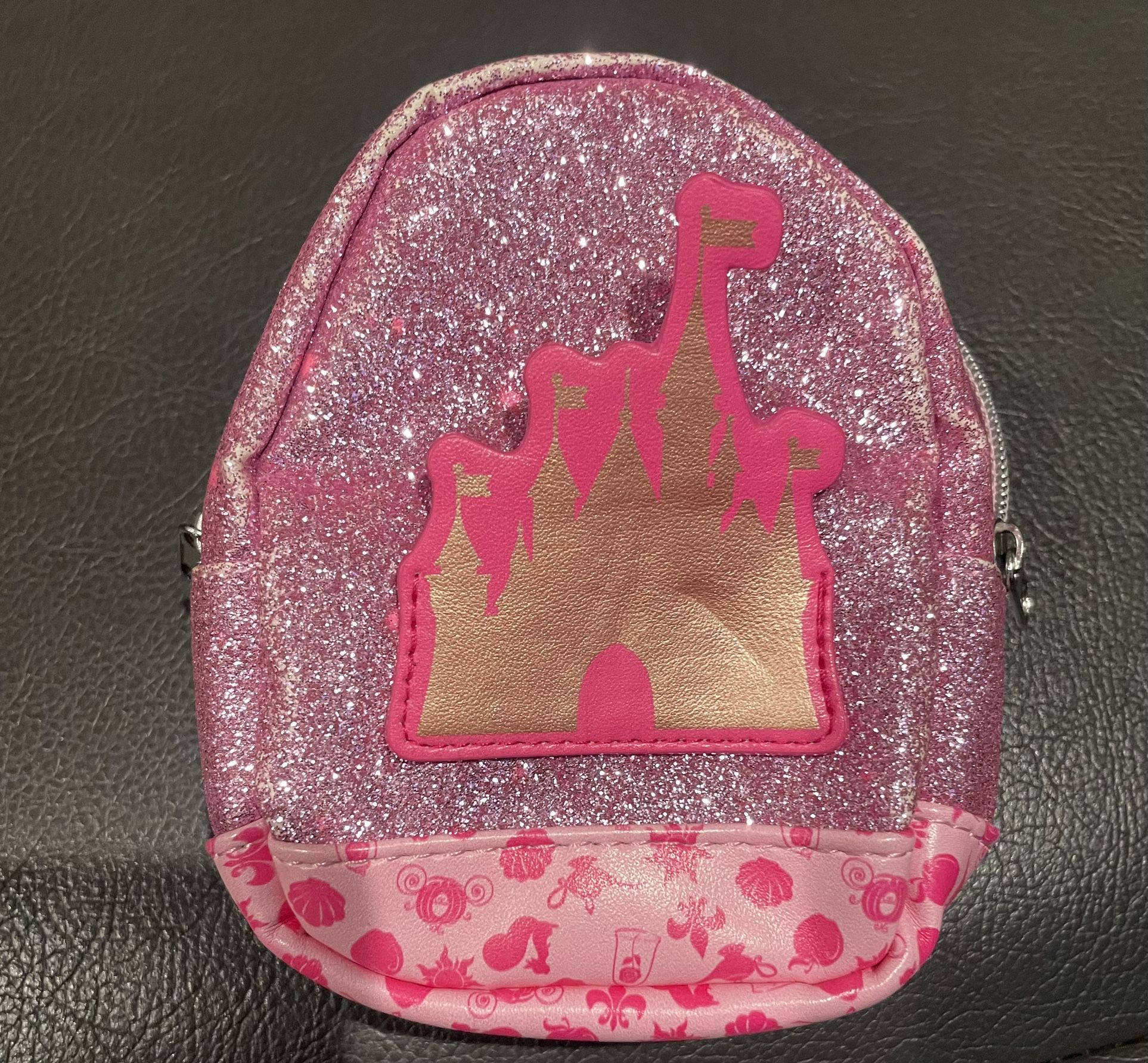 Disney Parks Pink Glittery Coin Key Chain Princess Cinderella Castle Backpack