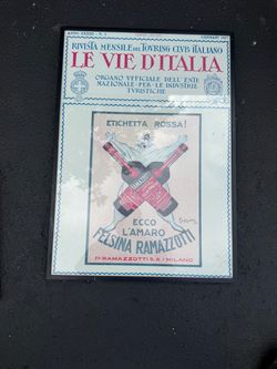 framed vintage January 1927 issue of the Italian Touring Club magazine Le Vie d'Italia featuring a classic 1926 Amaro Felsina Ramazzotti advertisement