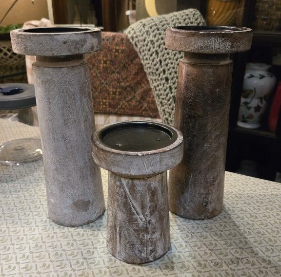 3 Farmhouse Wood Candle Holders