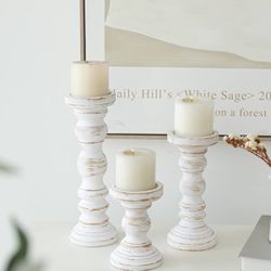 BRAND NEW! 🔥 Rustic Farmhouse Wood Pillar Candle Holder Set of 3 for Candlestick, White
