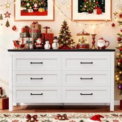 New 6-Drawer Wood Dresser for Bedroom, Large Storage Cabinet with Anti-Tip Safety and Footstool-Integrated Design, Double Classified Storage Organizer