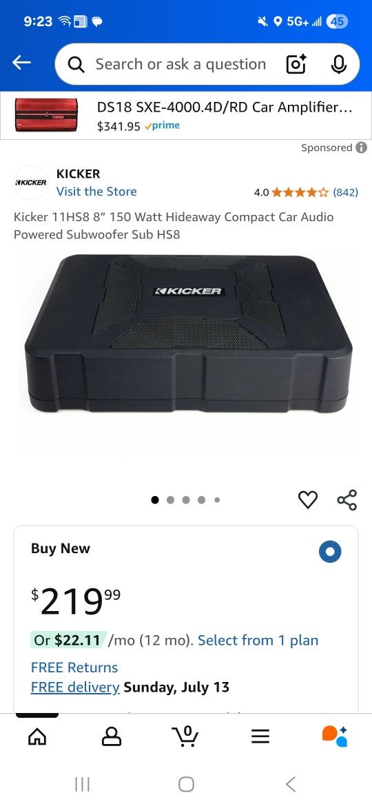 Kicker HS8 Hideaway Powered Subwoofer (Bass Loaded Amplifier Amp Pioneer Kenwood Alpine Sony Jl Fi Re Audio Car Stereo Speaker Mtx Taramps Skar Indash