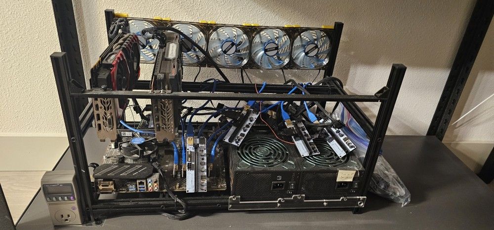 Crypto Mining Rack - 6 GPU bays, Fans, 2 Power Supplies, Extra Y Split Cables