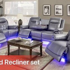 Power Electric Grey Leather Fully Reclining Couch Set 