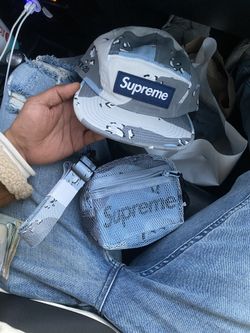 Blue camo supreme camp cap and shoulder bag