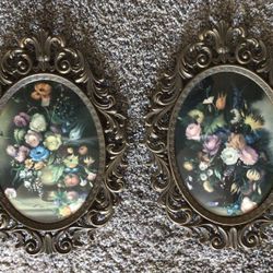 Vintage Oval Brass Framed Bubble Glass Floral Pictures…$45 each