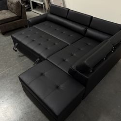 New! Contemporary Black Sectional, Black Faux Leather Sofa, L-Shaped Sofa With Pull-out Bed, Sofabed, Sectional Sofa Bed, Black Couch, Leatherette Sof
