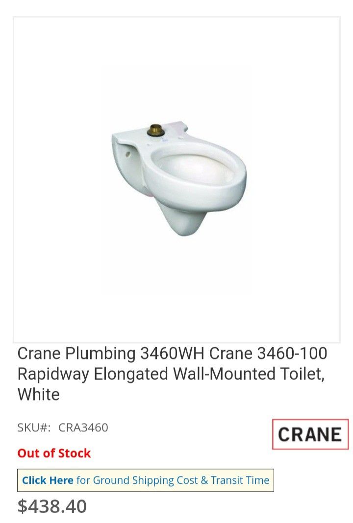 Crane Plumbing 3460WH Crane 3460-100 Rapidway Elongated Wall-Mounted Toilet, White 2 Available