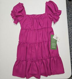 Girls Magenta Tiered Puff Sleeve Dress