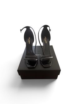 Saint Laurent Opyum Black Patent Leather Gold YSL Monogram Heel Sandals 484871