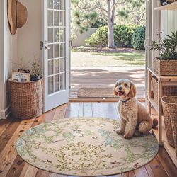 New Round 5ft Beige Botanical Birds Decorative Area Rug