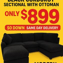 New Black Morden L- Shape Corduroy Sectional + Ottoman ⭐️ Finance With $0 Down & Same Day Delivery! 🛋️