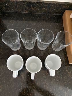 Clear Drinking Glasses and White Mugs Set