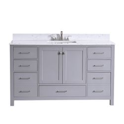 60”grey double sink bathroom vanity with carrara white marble stone top