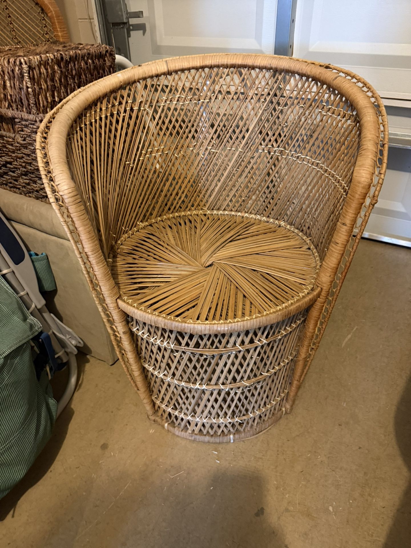Vintage Woven Wicker Bucket Peacock Chair With Starburst Seat
