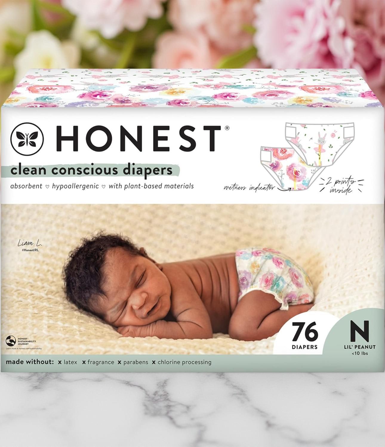 The Honest Company Clean Conscious Diapers | Plant-Based, Sustainable | Rose Blossom + Tutu Cute | Club Box, Size Newborn, 76 Count