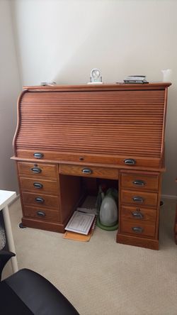 Wooden Roll-Top Desk with Drawers