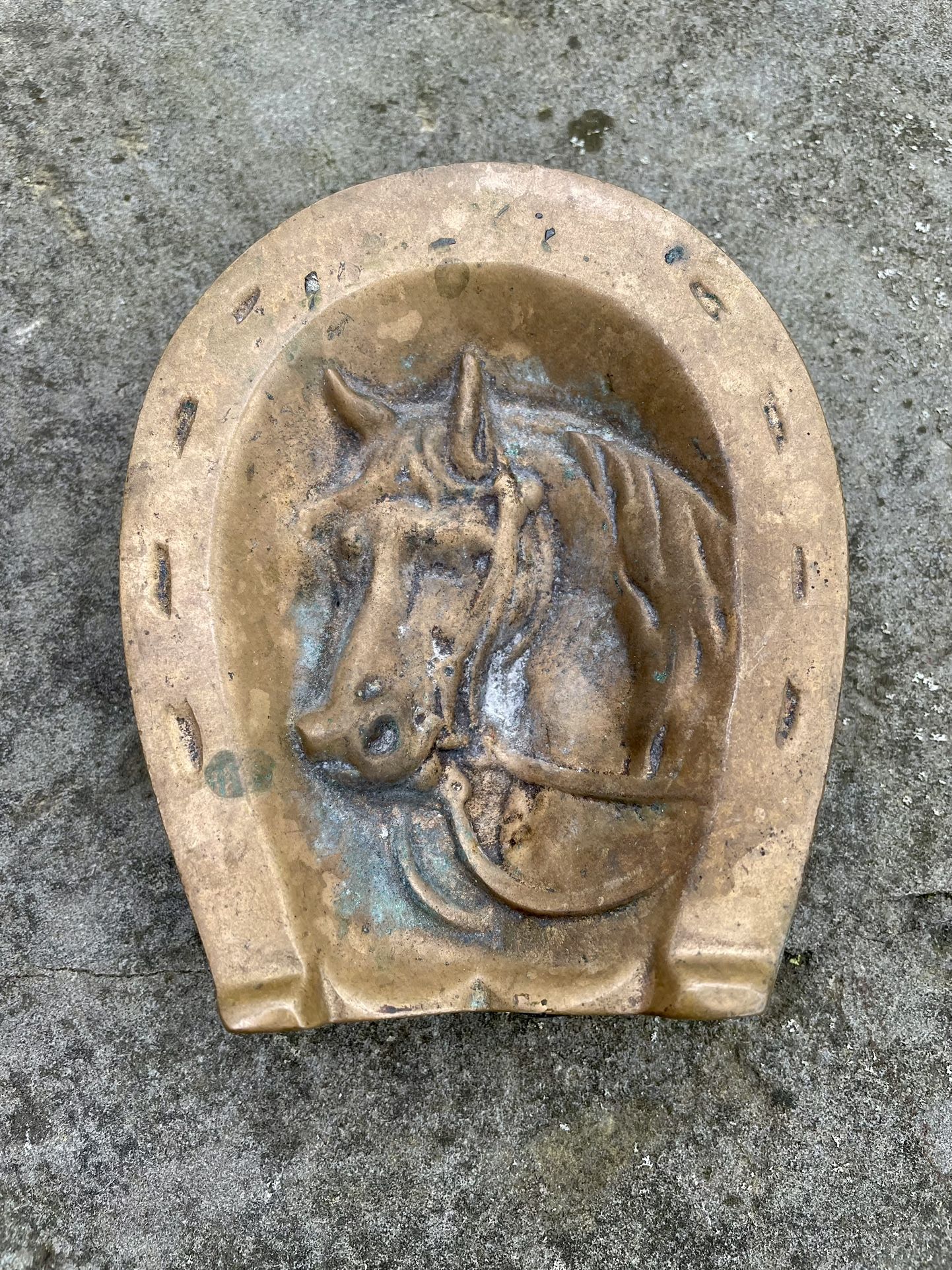 Antique Brass Trinket Dish Ash Tray Horse Head Horseshoe