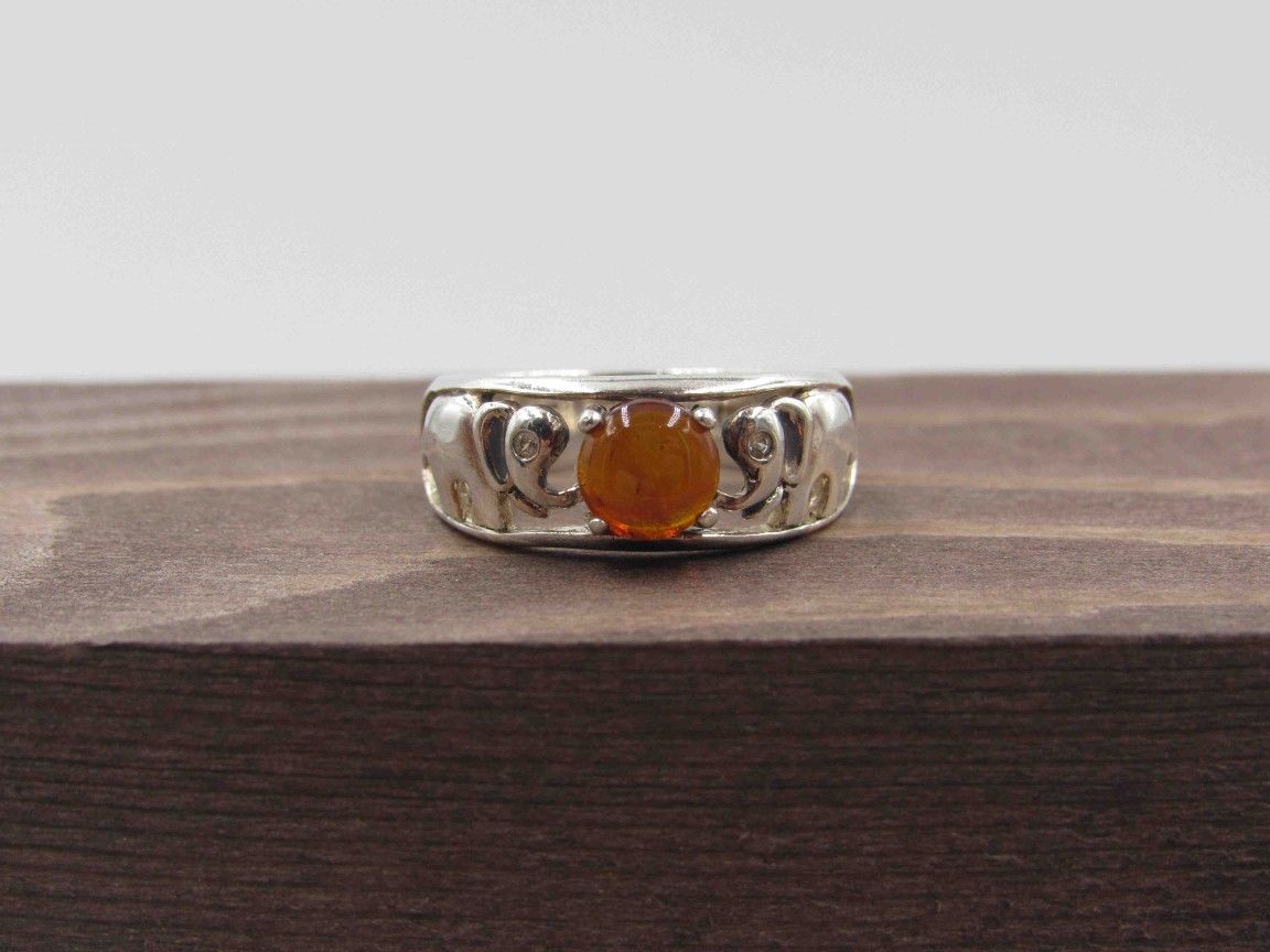 Size 5.25 Sterling Silver Elephant Amber & CZ Diamond Band Ring Vintage Statement Engagement Wedding Promise Anniversary Cocktail Friendship